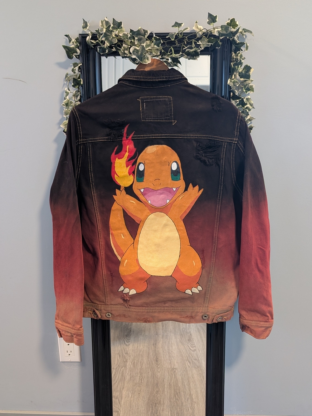 Hand-painted Charcoal to Red Ombre Denim Jacket with Charmander Graphic